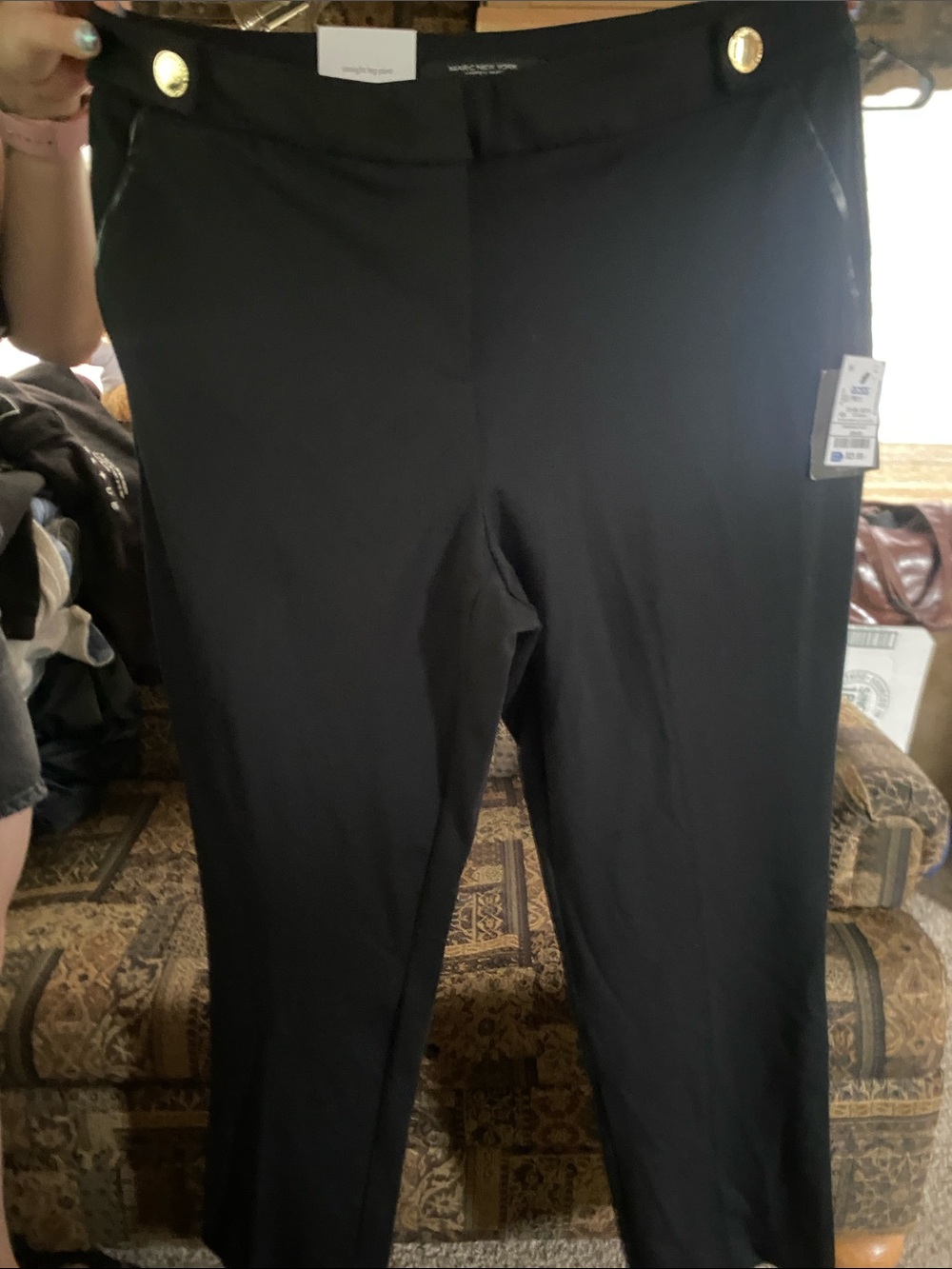 Marc New York Black Straight-Leg Pull-On Pants with Gold Buttons